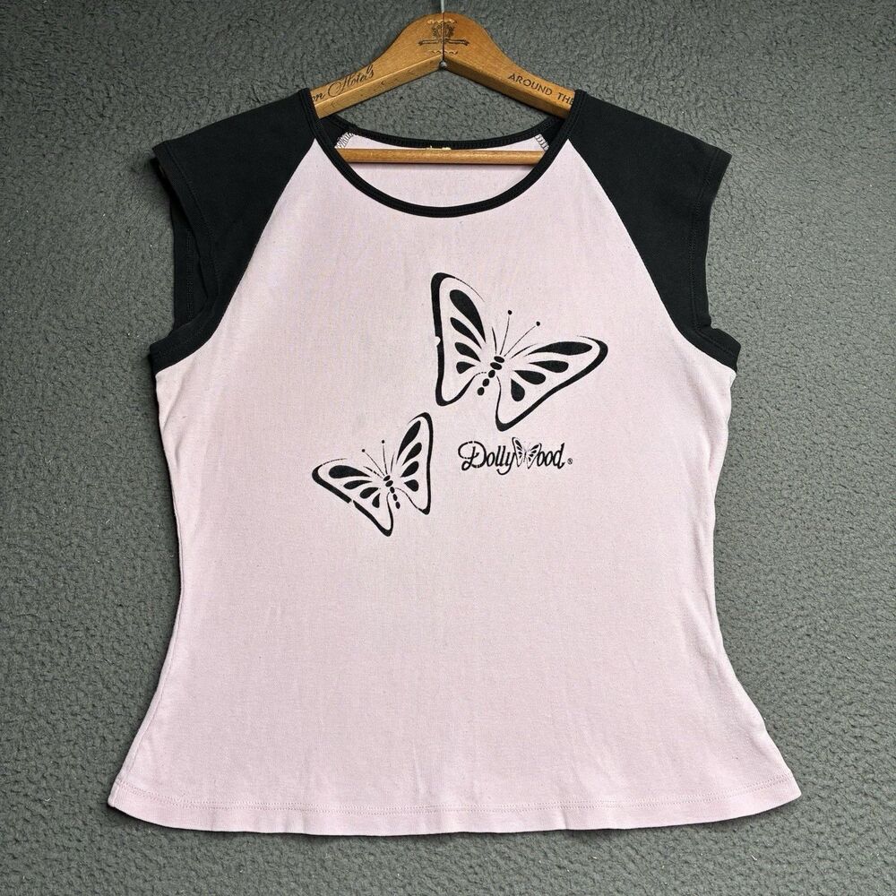 Vtg Dollywood Butterfly Women Baby Tee Babydoll T Shirt Medium Y2K Dolly Parton